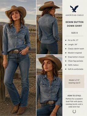 American Eagle Denim Button Down Shirt Size 0 Western Snap Front Chambray Top